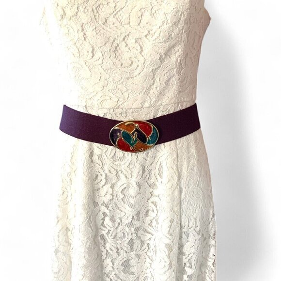 Nan Lewis 1980's Cloisonné Buckle Stretch Elastic Belt Purple, Gold, Green 34"L - Picture 3 of 8